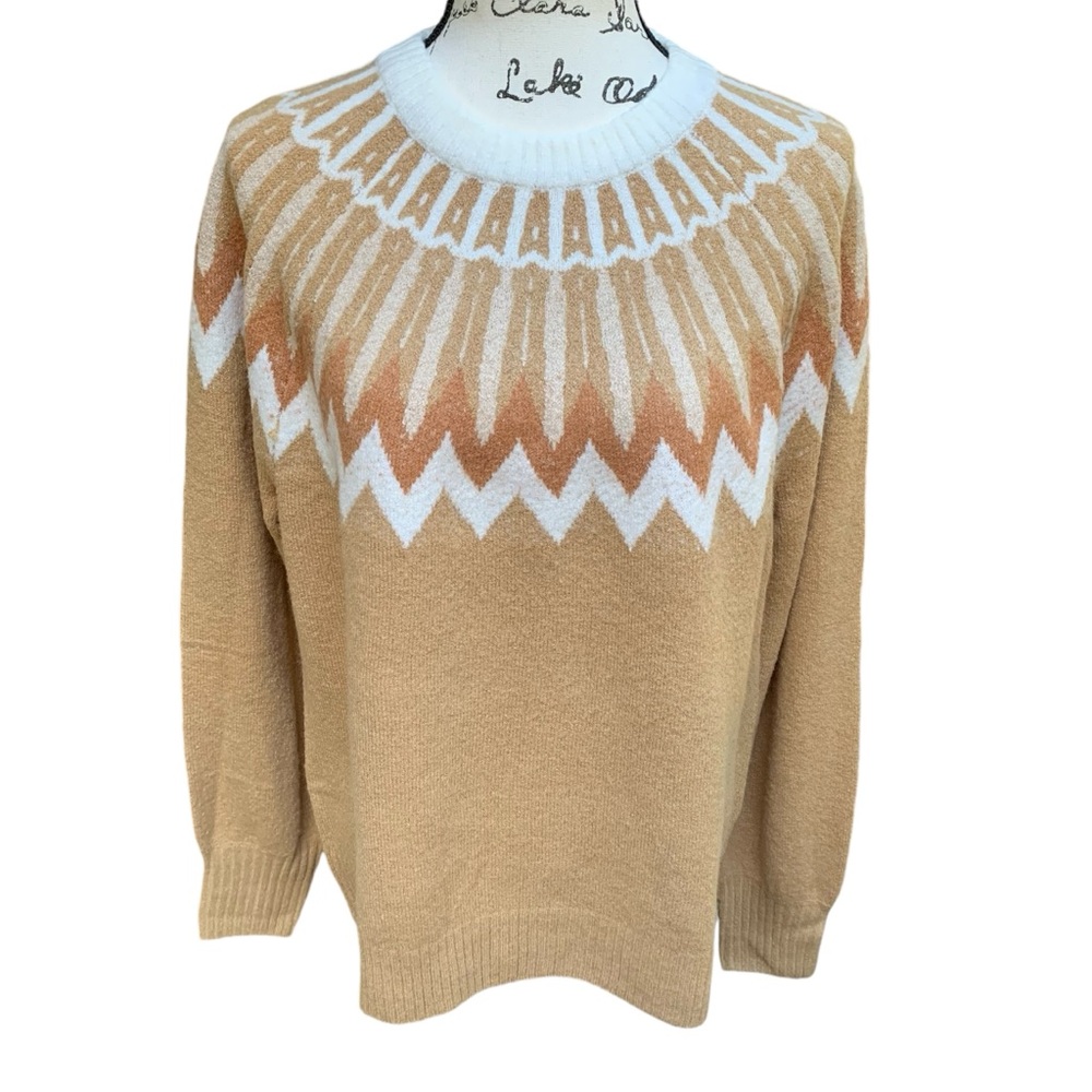 French Connection Essentials Brown White Chevron Sweater Women’s Size Large